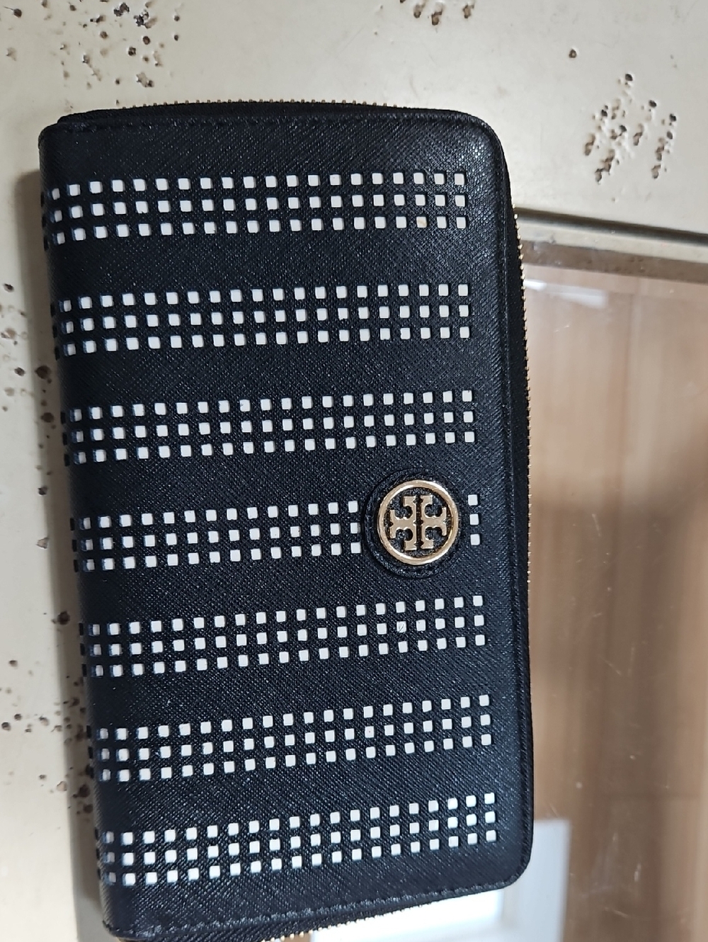 Tory Burch Black and White Perforated Zip Phone Wallet with Gold Logo